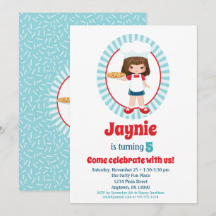Brunette Pizza Party Girls Birthday Invitation