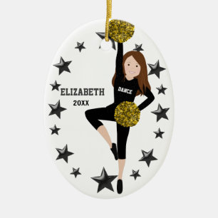 Brunette Pom Squad Gold and Black Ceramic Ornament