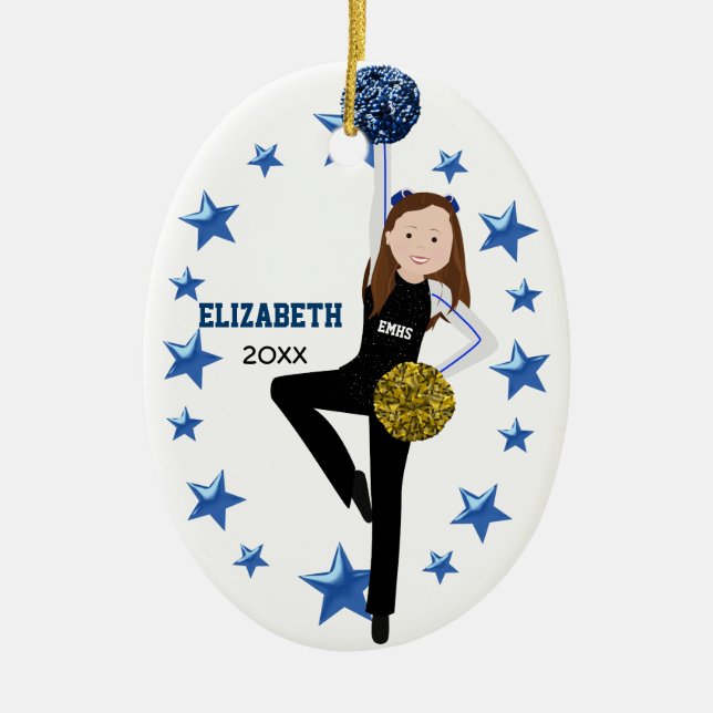 Brunette Pom Squad in Gold, Blue & Black Ceramic Tree Decoration (Front)