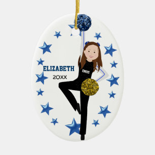 Brunette Pom Squad in Gold, Blue & Black Ceramic Tree Decoration