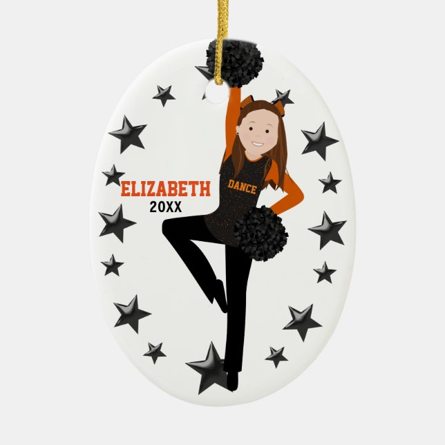 Brunette Pom Squad Orange & Black Ceramic Tree Decoration (Front)