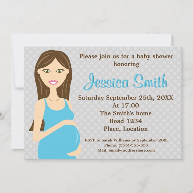 Brunette Pregnant Woman In Blue Dress Baby Shower Invitation (Front)