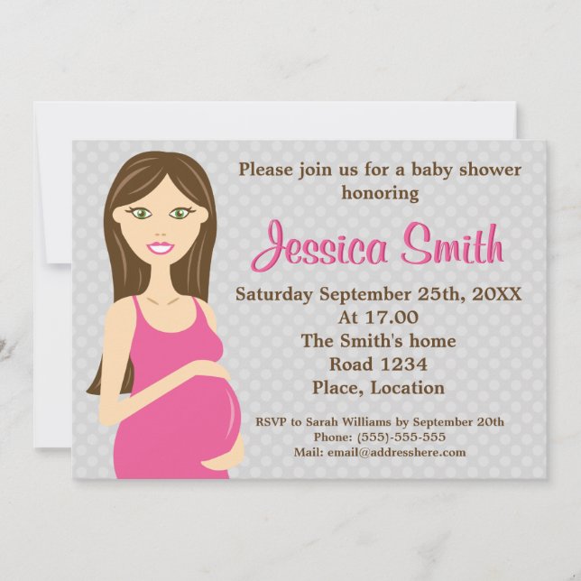 Brunette Pregnant Woman In Pink Dress Baby Shower Invitation (Front)