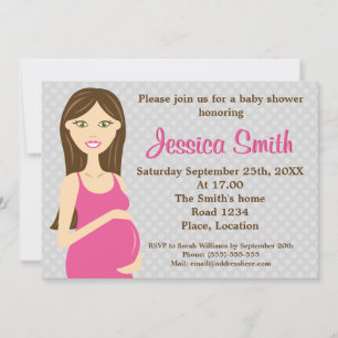 Brunette Pregnant Woman In Pink Dress Baby Shower Invitation