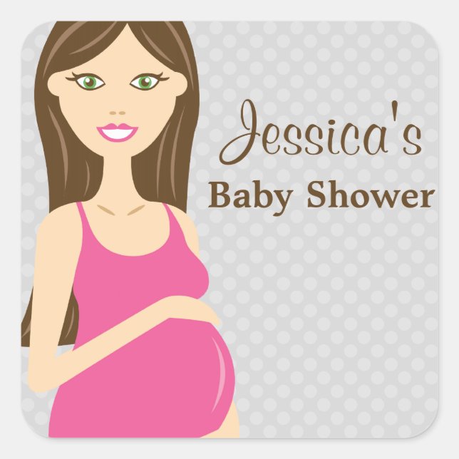 Brunette Pregnant Woman In Pink Dress Baby Shower Square Sticker (Front)