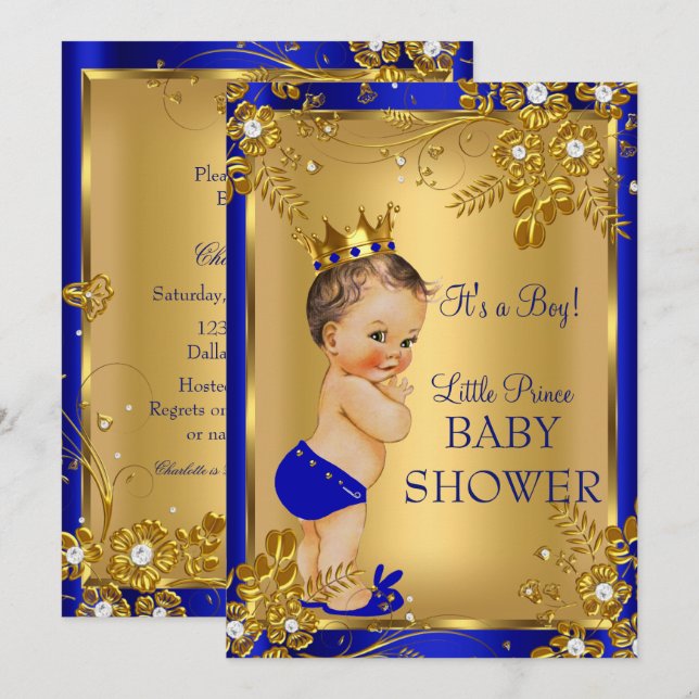 Brunette Prince Boy Baby Shower Gold Blue Floral Invitation (Front/Back)