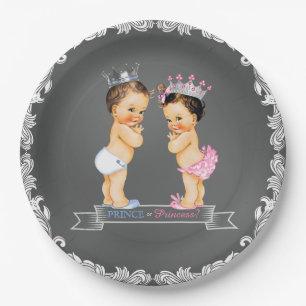 Brunette Prince Princess Chalkboard Baby Shower Paper Plate