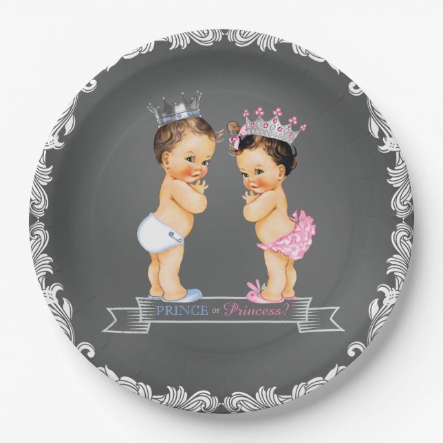 Brunette Prince Princess Chalkboard Baby Shower Paper Plate (Front)