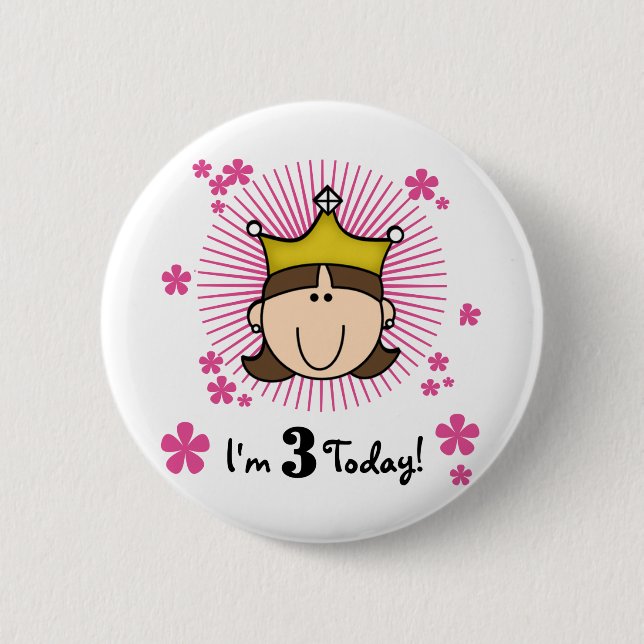 Brunette Princess 3rd Birthday Tshirts and Gifts 6 Cm Round Badge (Front)
