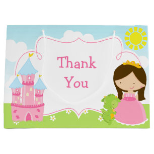 Brunette Princess and Dragon Thank You Large Gift Bag