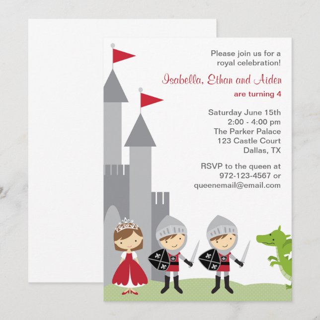 Brunette Princess and Knights Birthday Invitations (Front/Back)