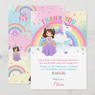 Brunette Princess and Rainbow Unicorn Birthday   Thank You Card
