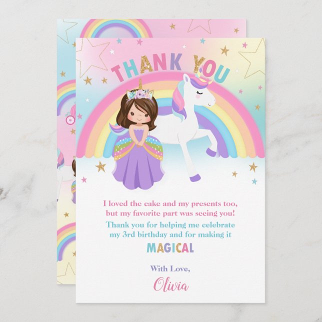 Brunette Princess and Rainbow Unicorn Birthday   Thank You Card (Front/Back)