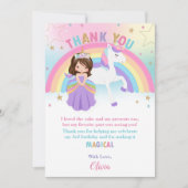 Brunette Princess and Rainbow Unicorn Birthday   Thank You Card (Front)