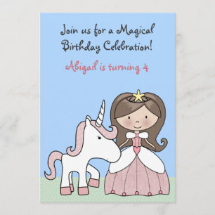 Brunette Princess and Unicorn Birthday Invitation