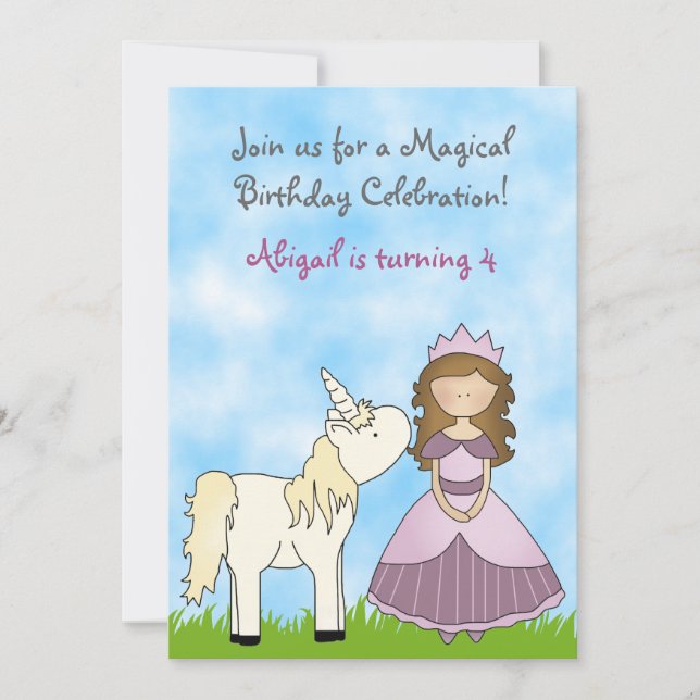 Brunette Princess and Unicorn Birthday Invitation (Front)