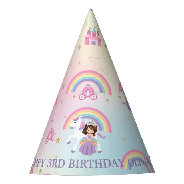 Brunette Princess and Unicorn Rainbow Birthday Party Hat (Front)