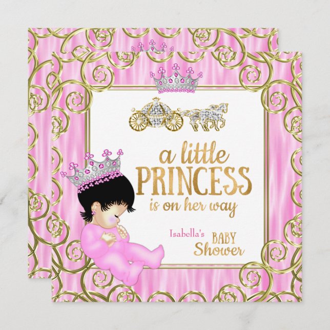 Brunette Princess Baby Shower Pink Horse Carriage Invitation (Front/Back)