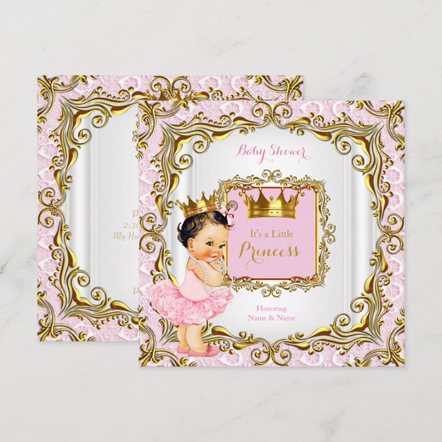 Brunette Princess Baby Shower Pink Lace White Gold Invitation (Front/Back)