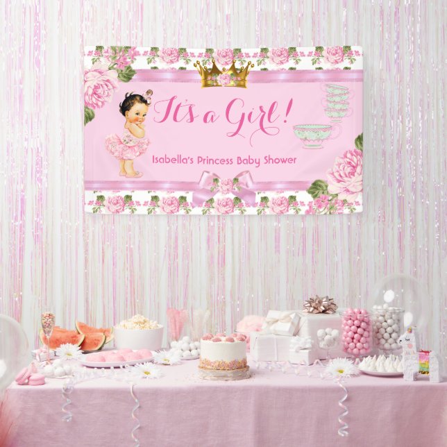 Brunette Princess Baby Shower Pink Roses Tea Party Banner (Party)