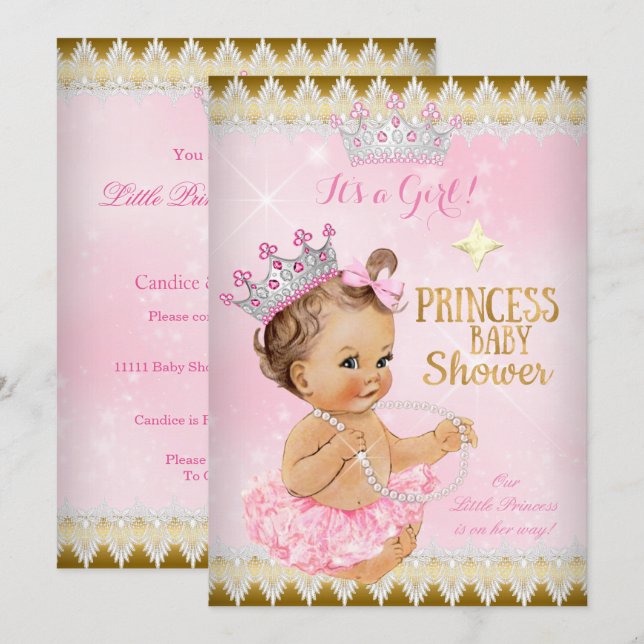Brunette Princess Baby Shower Pink Tutu Gold Invitation (Front/Back)