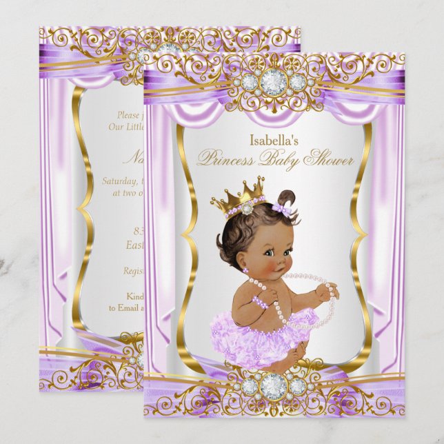 Brunette Princess Baby Shower Purple Silk Gold Invitation (Front/Back)