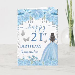 Brunette Princess Blue Dress Birthday Card