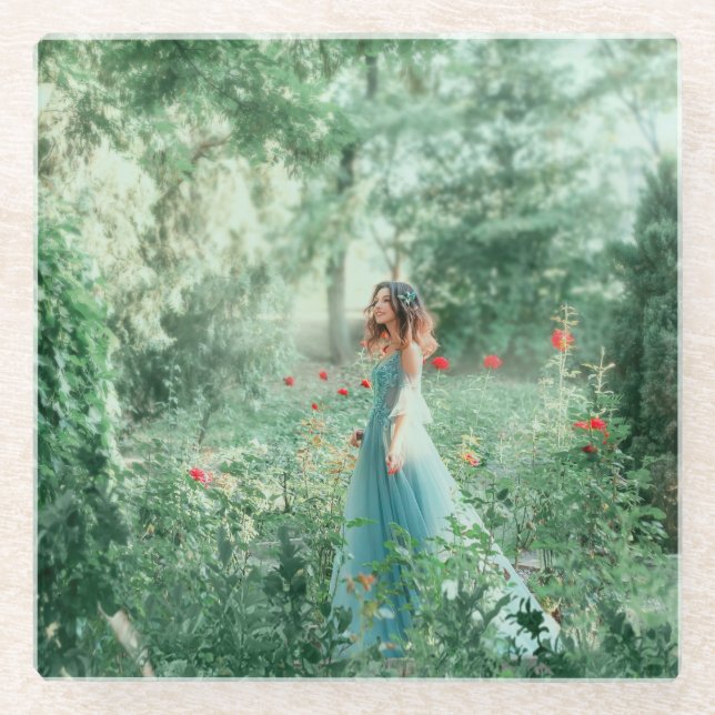 Brunette Princess: Fairy Forest Watercolor Glass Coaster (Front)