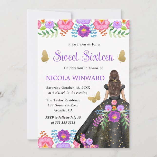 Brunette Princess Mexican Floral Dress Sweet 16 Invitation (Front)