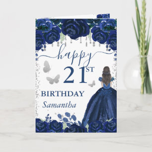 Brunette Princess Navy Blue Dress Birthday Card