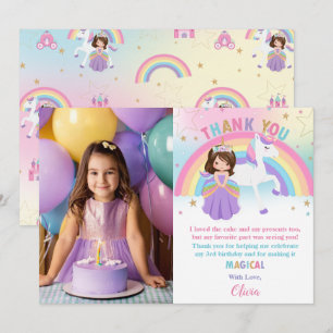 Brunette Princess Rainbow Unicorn Birthday Photo Thank You Card