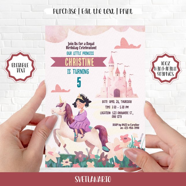 Brunette Princess Riding Unicorn Party Invitation (Creator Uploaded)