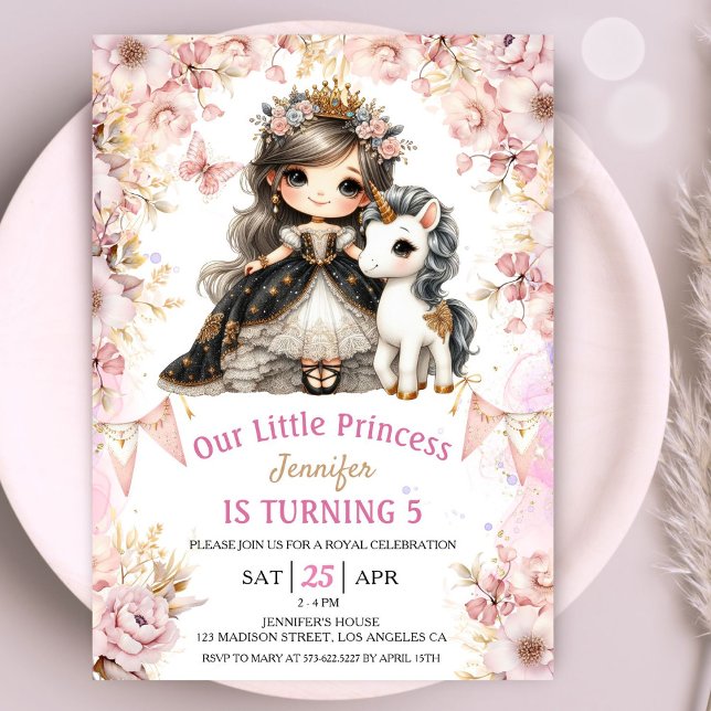 Brunette Princess Unicorn 5th Birthday Invitation (Creator Uploaded)