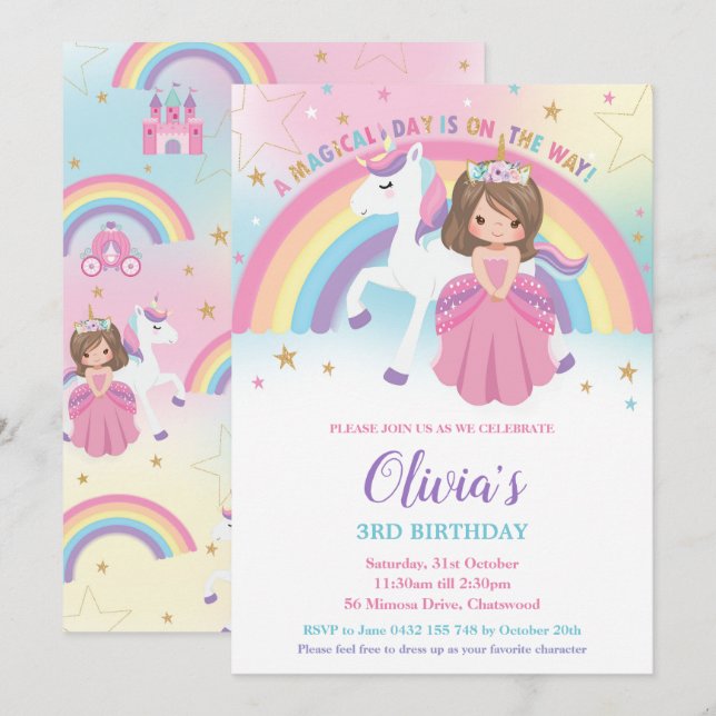 Brunette Princess Unicorn Birthday Party Rainbow Invitation (Front/Back)
