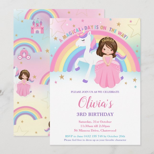 Brunette Princess Unicorn Birthday Rainbow     Inv Invitation (Front/Back)