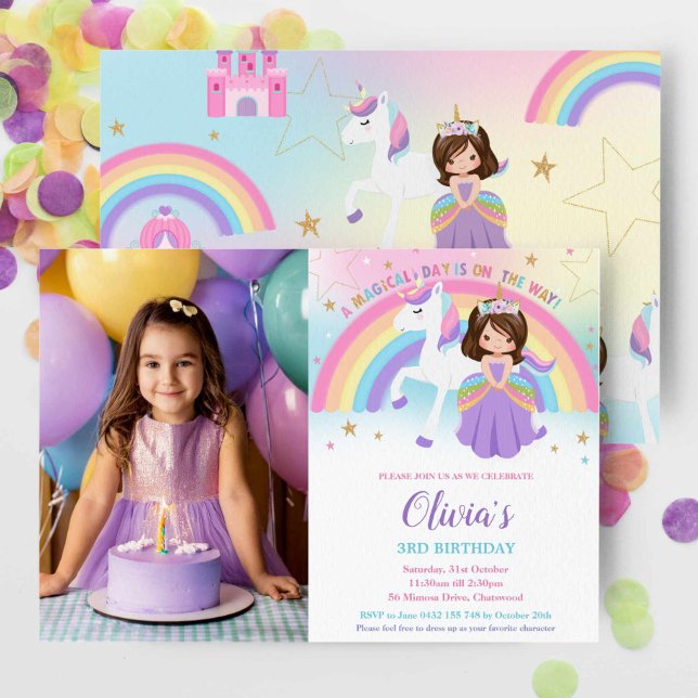 Brunette Princess Unicorn Birthday Rainbow Photo Invitation (Creator Uploaded)