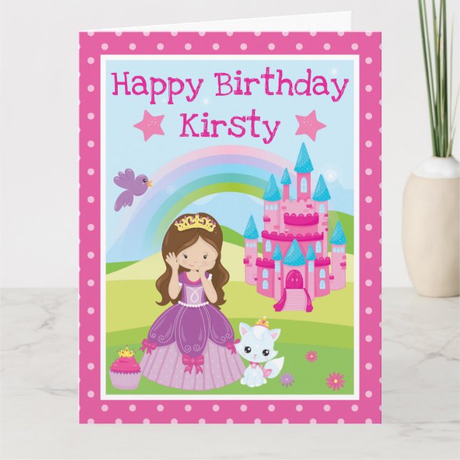 Brunette Princess with castle & rainbow birthday Card (Front)