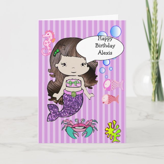 Brunette Purple Mermaid Happy Birthday Card (Front)