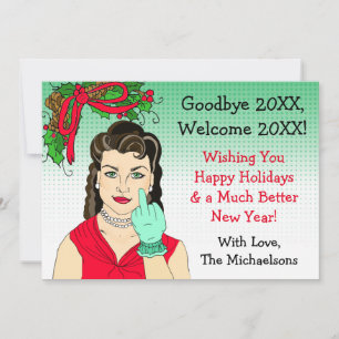 Brunette Retro Lady Flipping the Bird Christmas Card