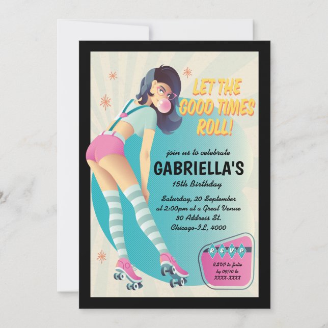 Brunette Retro Roller Skating Birthday Party Invitation (Front)