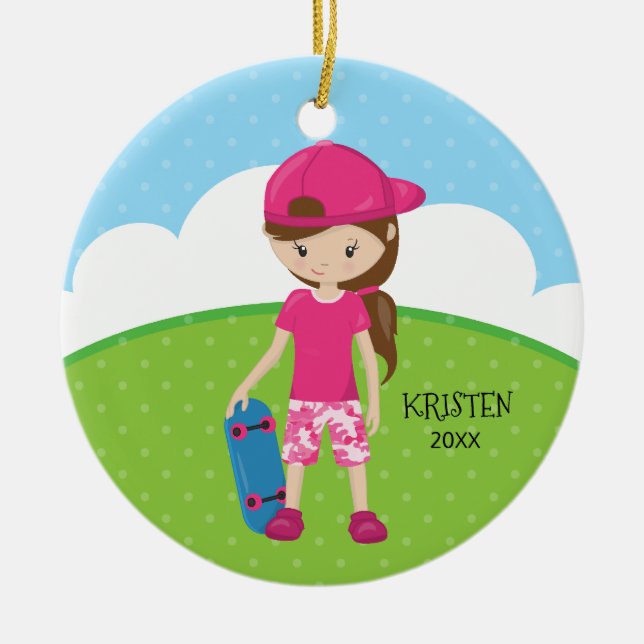 Brunette Skateboard Girl Personalised Christmas Ceramic Tree Decoration (Front)