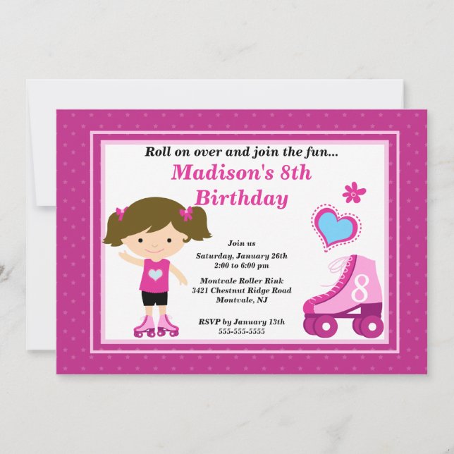 Brunette Skater Girl Skating Birthday Party Invitation (Front)