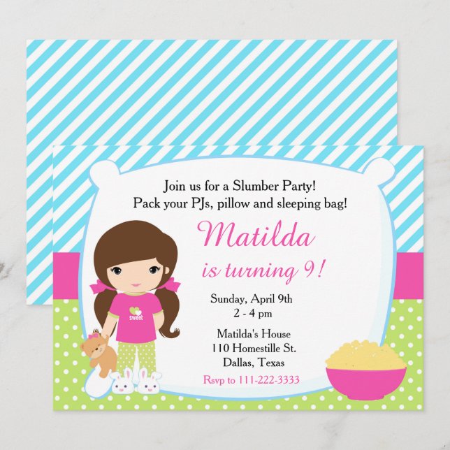 Brunette Sleepover Slumber Party Birthday Invitation (Front/Back)