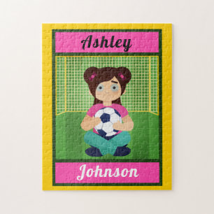Brunette Soccer Girl Green Field Player's Name Fun Jigsaw Puzzle