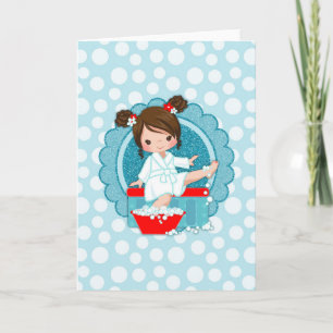 Brunette Spa Girl Bubbles Turquoise Red White Card