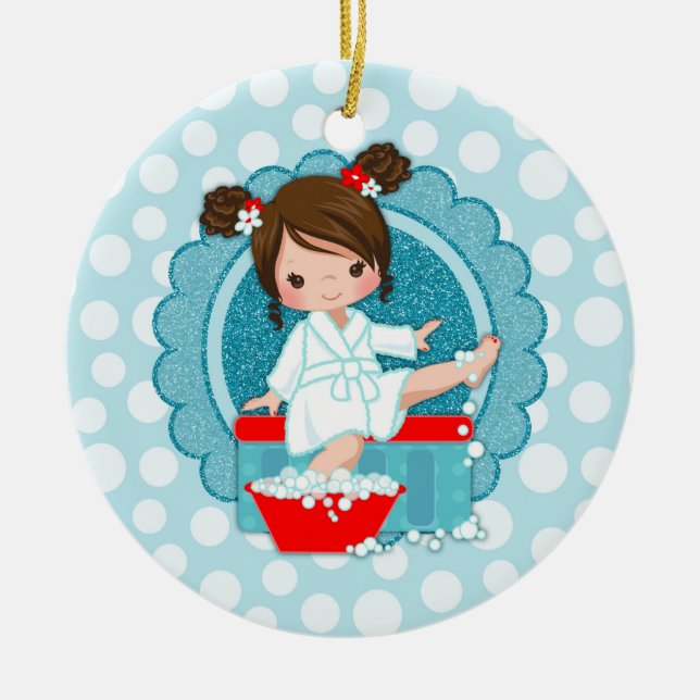 Brunette Spa Girl Bubbles Turquoise Red White Ceramic Tree Decoration (Front)