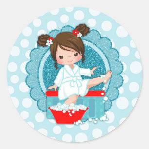 Brunette Spa Girl Bubbles Turquoise Red White Classic Round Sticker
