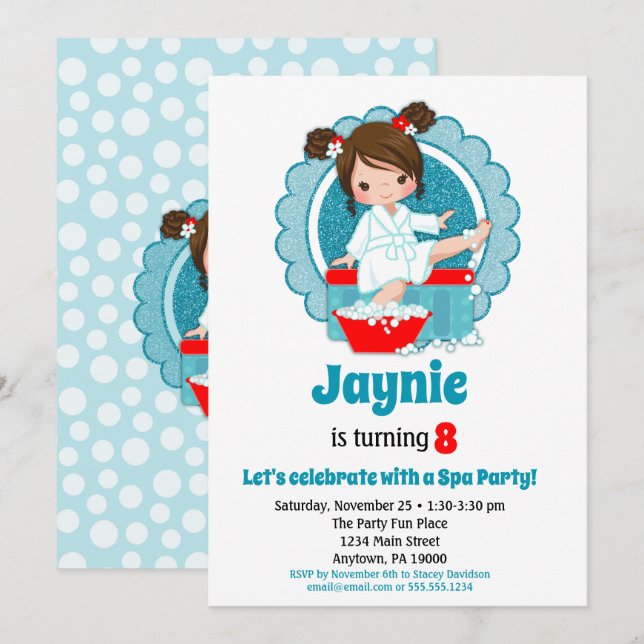 Brunette Spa Party Girls Birthday Invitation (Front/Back)