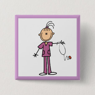Brunette Stick Figure Nurse 15 Cm Square Badge