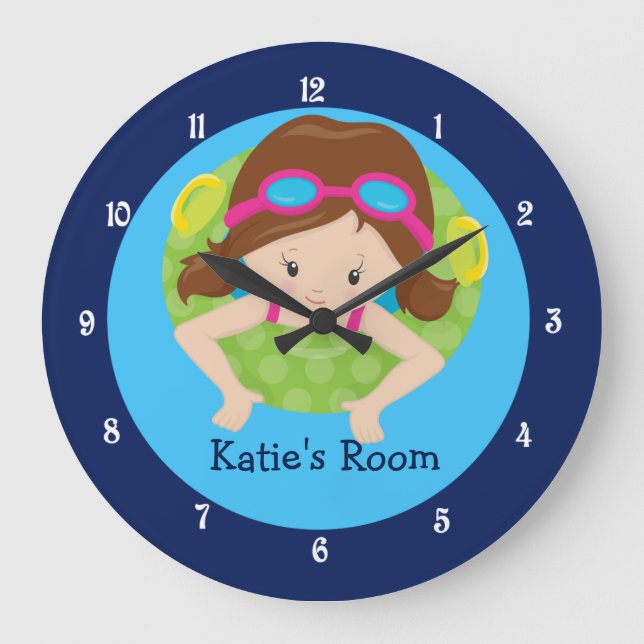 Brunette Swim Team Girls Bedroom Custom Blue Large Clock (Front)